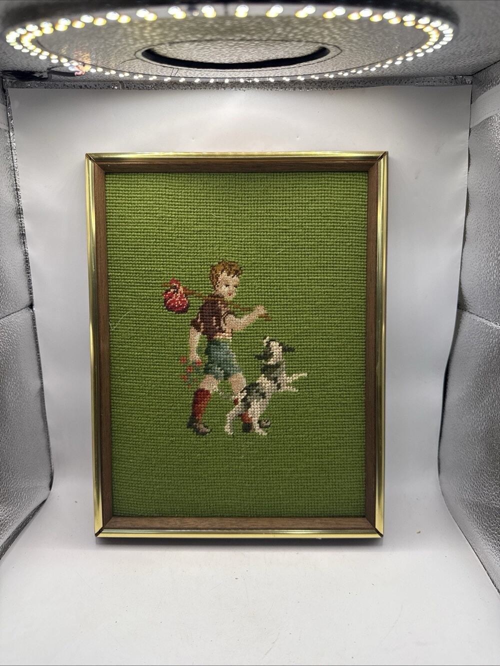 VTG Original Handcrafted Needlepoint Boy & His Dog Mid Century 10.5x12.5” *